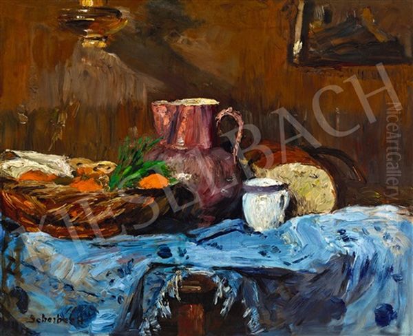 Still-life With Oil-lamp Oil Painting by Hugo Scheiber