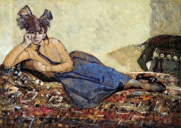 Lying Girl With Bow In Her Hair Oil Painting by Hugo Scheiber