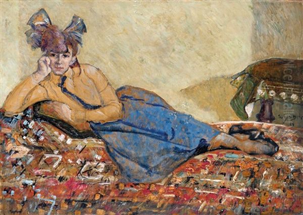 Reclining Girl With Ribbon (ribbon Girl) Oil Painting by Hugo Scheiber