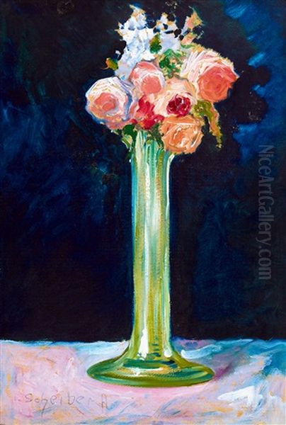 Roses In Green Vase Oil Painting by Hugo Scheiber