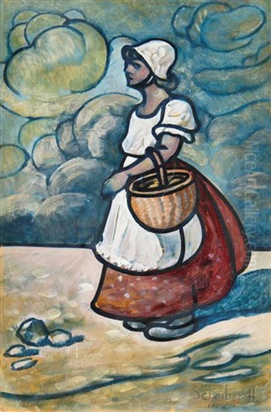 Girl With A Basket Oil Painting by Hugo Scheiber