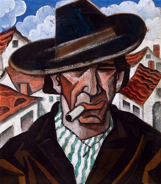 Man With Hat And Striped Scarf Oil Painting by Hugo Scheiber