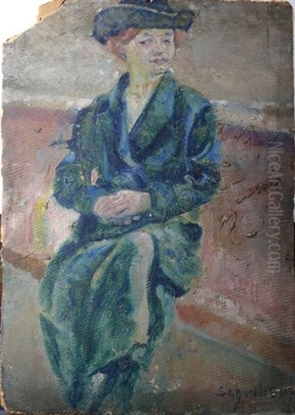 Portrat Einer Sitzenden Rothaarigen Frau Im Blauen Mantel Und Hut Oil Painting by Hugo Scheiber