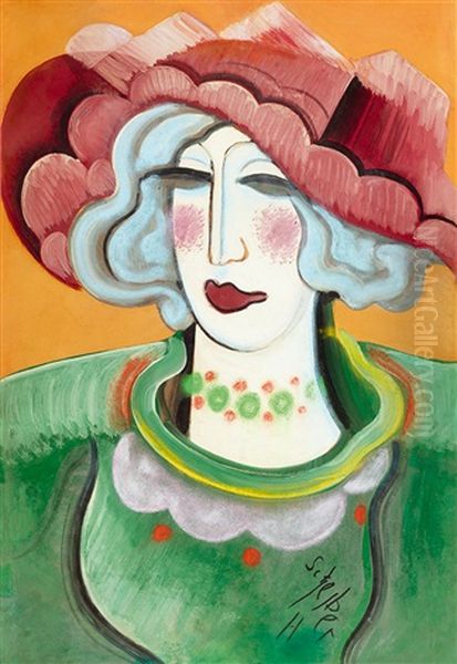 Woman With A Hat An Necklace Oil Painting by Hugo Scheiber