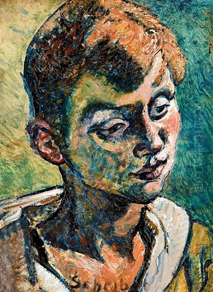 Boy With Turned Up Shirt Collar Oil Painting by Hugo Scheiber