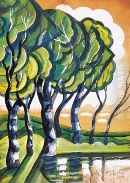 Trees By The Waterside Oil Painting by Hugo Scheiber