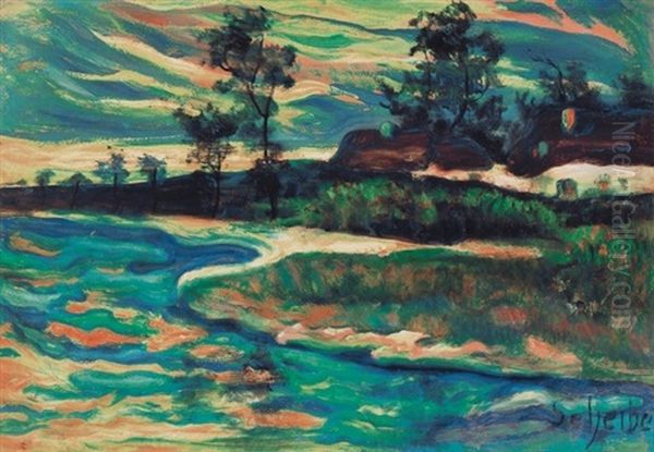 Folyopart - Riverbank Oil Painting by Hugo Scheiber