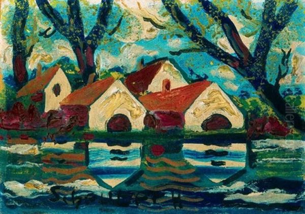 Folyoban Tukrozodo Hazak (houses Mirrored In The River) Oil Painting by Hugo Scheiber