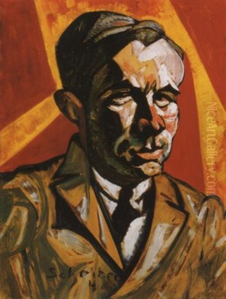 Arckep Voros-sarga Hatterrel (portrait With Red-yellow Background) Oil Painting by Hugo Scheiber