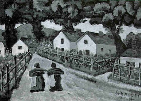 Two Women On A Village Path Oil Painting by Hugo Scheiber