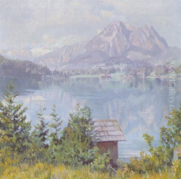 Altausseersee Mit Sarstein, Potschenstein Und Dachstein Oil Painting by Lore Scheid