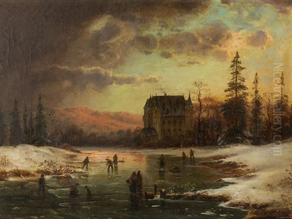 Chateau In Winter Landscape Oil Painting by Carl Ludwig Scheins