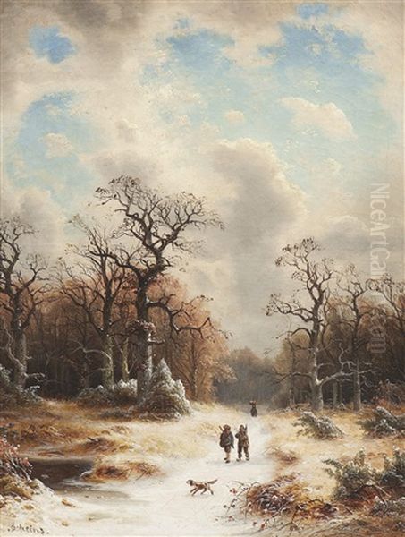 Jager Mit Hund Auf Einem Verschneiten Waldweg Oil Painting by Carl Ludwig Scheins