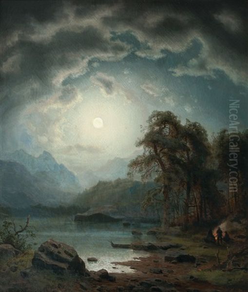 Night Landscape With Hunters By A Fire Oil Painting by Carl Ludwig Scheins