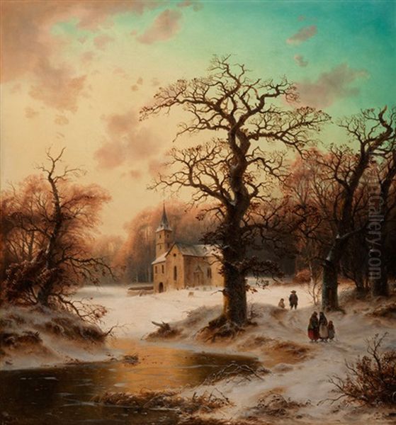 Winterlandschaft Mit Knorrigen Eichenbaumen Vor Einer Kirche In Der Waldlichtung Und Figurenstaffage Oil Painting by Carl Ludwig Scheins