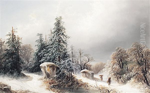 Winterliche Waldlandschaft Mit Zwei Holzleserinnen Oil Painting by Carl Ludwig Scheins