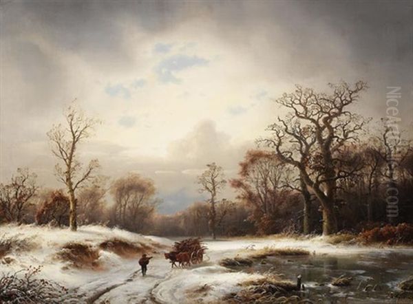 Winterlandschaft. Verschneite Waldlichtung Mit Zugefrorenem Altwasser Oil Painting by Carl Ludwig Scheins