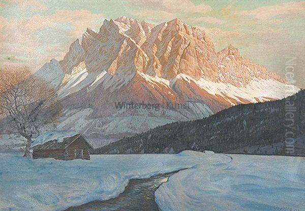 Winterliche Alpenlandschaft Mit Blick Auf Das Zugspitzmassiv Oil Painting by Leopold Scheiring