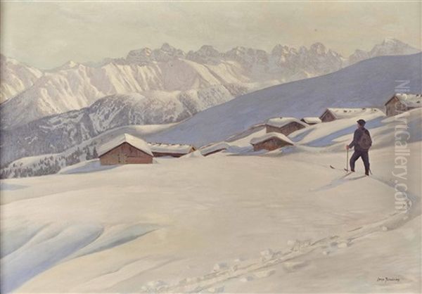 Schifahrer Auf Hochalm Oil Painting by Leopold Scheiring