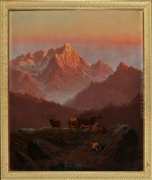 Almwiese Im Gebirge Mit Kuhen Und Ziegen Bei Sonnenuntergang Oil Painting by Adrian Oscar Scheiterberg