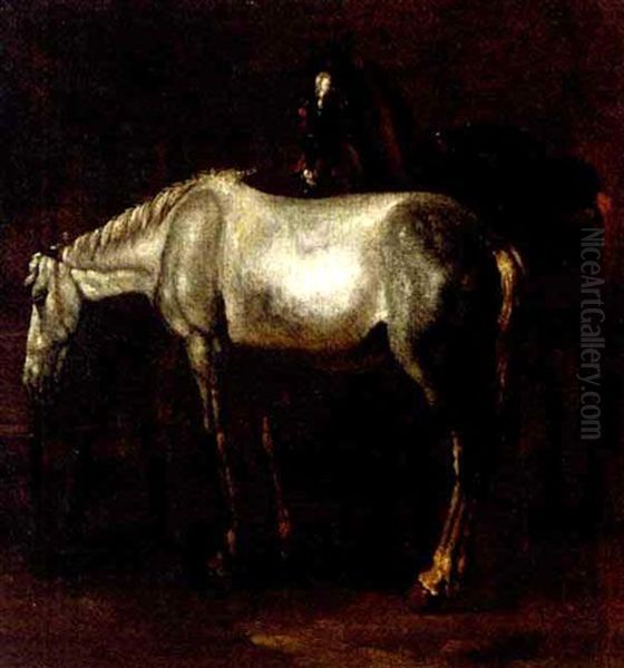 Two Horses By A Water Trough Oil Painting by Matthias Scheits