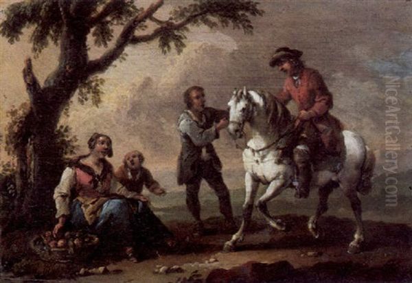 Ein Reiter Auf Einem Schimmel Halt Bei Einer Apfelverkauferin Am Wegesrand Oil Painting by Matthias Scheits