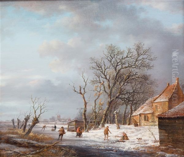 A Dutch Winter Landscape With Figures And Skaters Near A Farm Oil Painting by Andreas Schelfhout