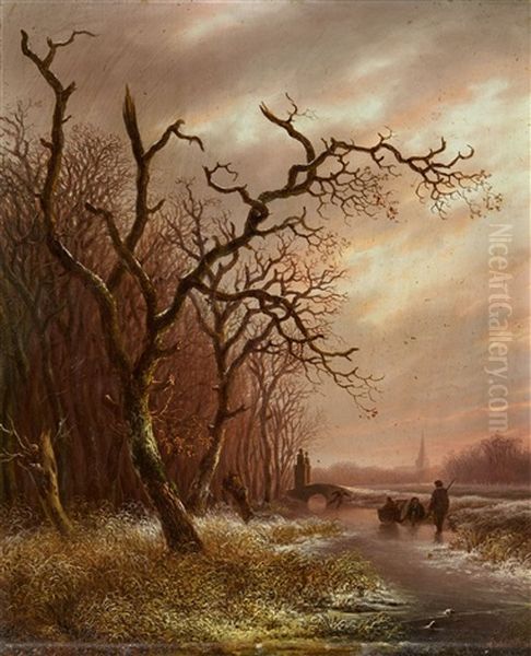 Evening Winter Scene With Skaters Oil Painting by Andreas Schelfhout