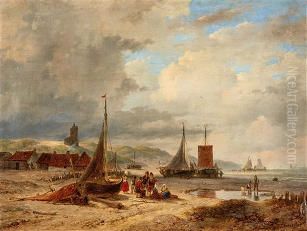 Coastal Scene With Boats And Fishermen's Huts Oil Painting by Andreas Schelfhout