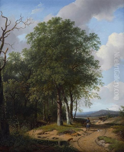 Hunters In A Wooded Landscape Oil Painting by Andreas Schelfhout