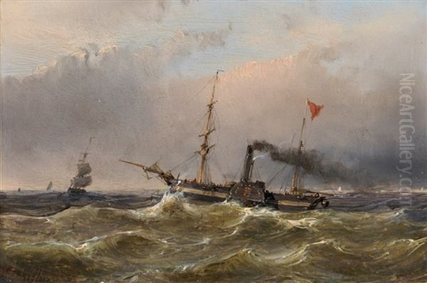 Ships On The High Seas Oil Painting by Andreas Schelfhout