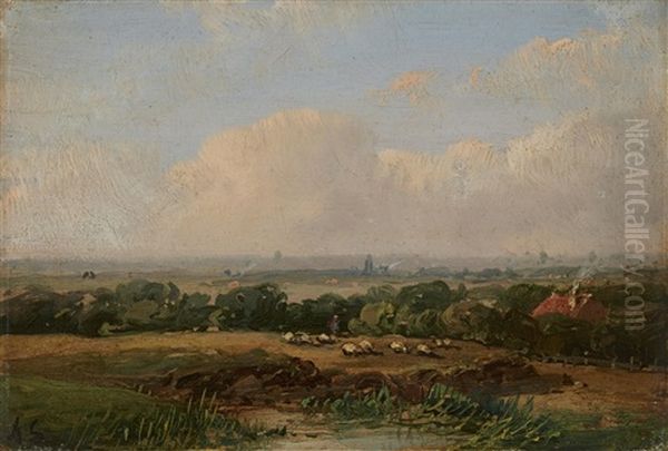 Small Landscape With A Flock Of Sheep Oil Painting by Andreas Schelfhout