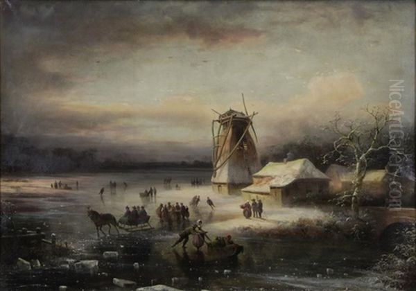 Winter Landscape With Figures On Ice Oil Painting by Andreas Schelfhout