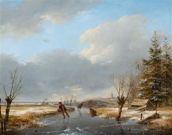 Winter Landscape With Skaters And A Koek-en-zopie Stand Oil Painting by Andreas Schelfhout