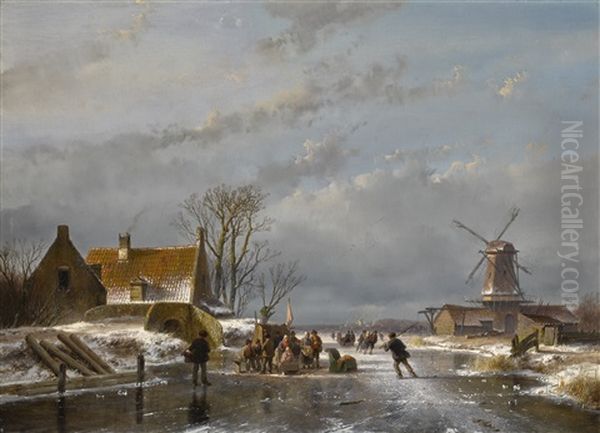 Winter Landscape With Skaters And A Koek-en-zopie Oil Painting by Andreas Schelfhout