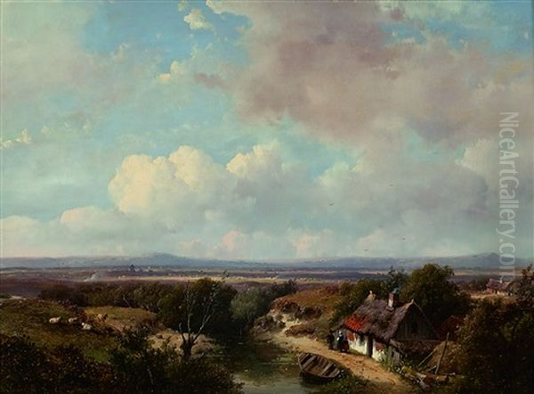 A Panoramic Summer Landscape Oil Painting by Andreas Schelfhout