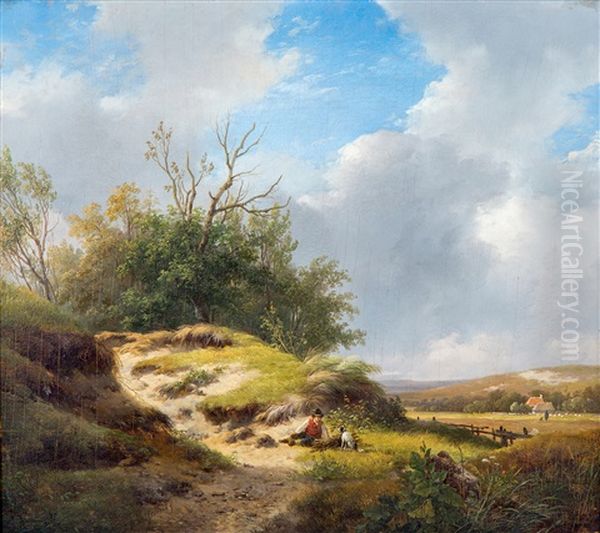 Landscape Behind The Dunes, With A Faggot Gatherer And His Dog Oil Painting by Andreas Schelfhout