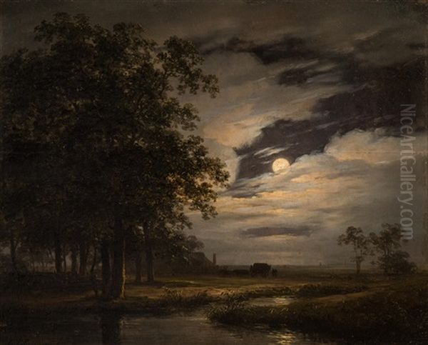 Moonlit Landscape Oil Painting by Andreas Schelfhout