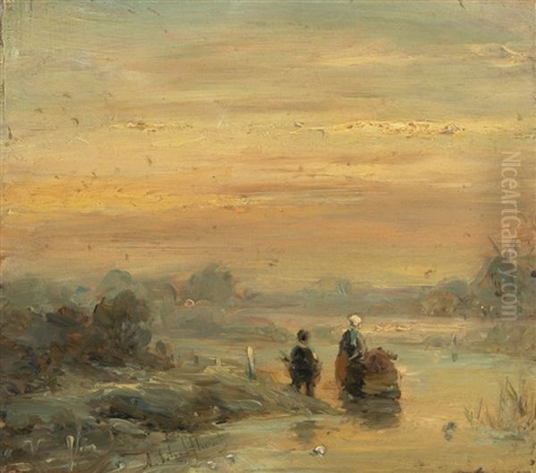 Abendliche Winterlandschaft Mit Zwei Figuren Auf Einem Zugefrorenen Fluss Oil Painting by Andreas Schelfhout