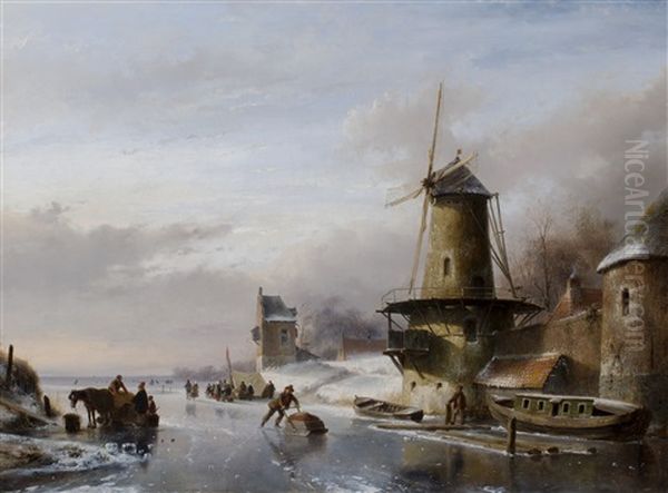 Skaters On A Frozen River, Near A Mill And A Donjon Oil Painting by Andreas Schelfhout