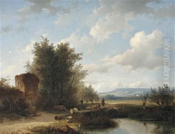 A Panoramic Landscape With A Shepherd And His Flock Oil Painting by Andreas Schelfhout