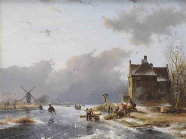 A Winter Landscape With Loggers On The Ice Oil Painting by Andreas Schelfhout