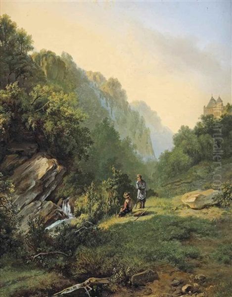 Two Figures Resting In A Mountainous Landscape Near A Stream Oil Painting by Andreas Schelfhout