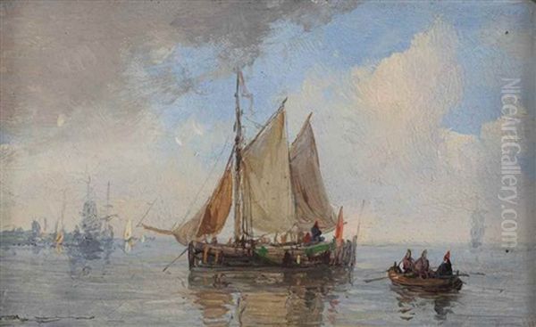 Shipping On A Calm Sea Oil Painting by Andreas Schelfhout