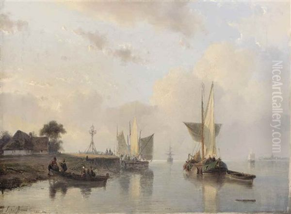 Loading The Ferry On A Sunny Day Oil Painting by Andreas Schelfhout