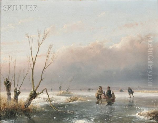 Winter Landscape With Skaters On The Ice Oil Painting by Andreas Schelfhout