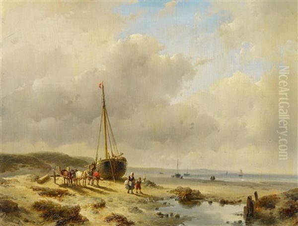 Fischerboot Am Strand Oil Painting by Andreas Schelfhout