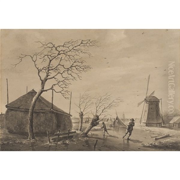 Skaters On A Frozen Lake Oil Painting by Andreas Schelfhout