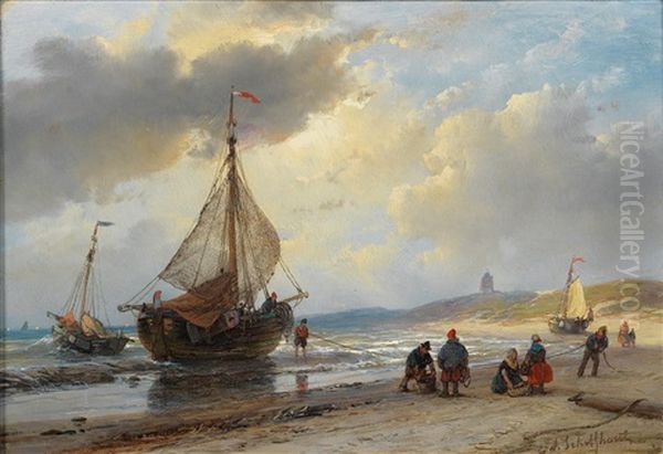 Activity On The Beach At Scheveningen Oil Painting by Andreas Schelfhout