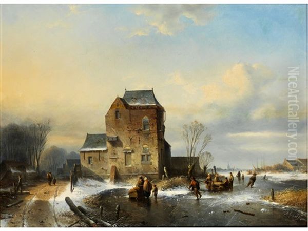 Winterlandschaft Mit Figuren, Hutten Und Zugefrorenem Fluss Oil Painting by Andreas Schelfhout